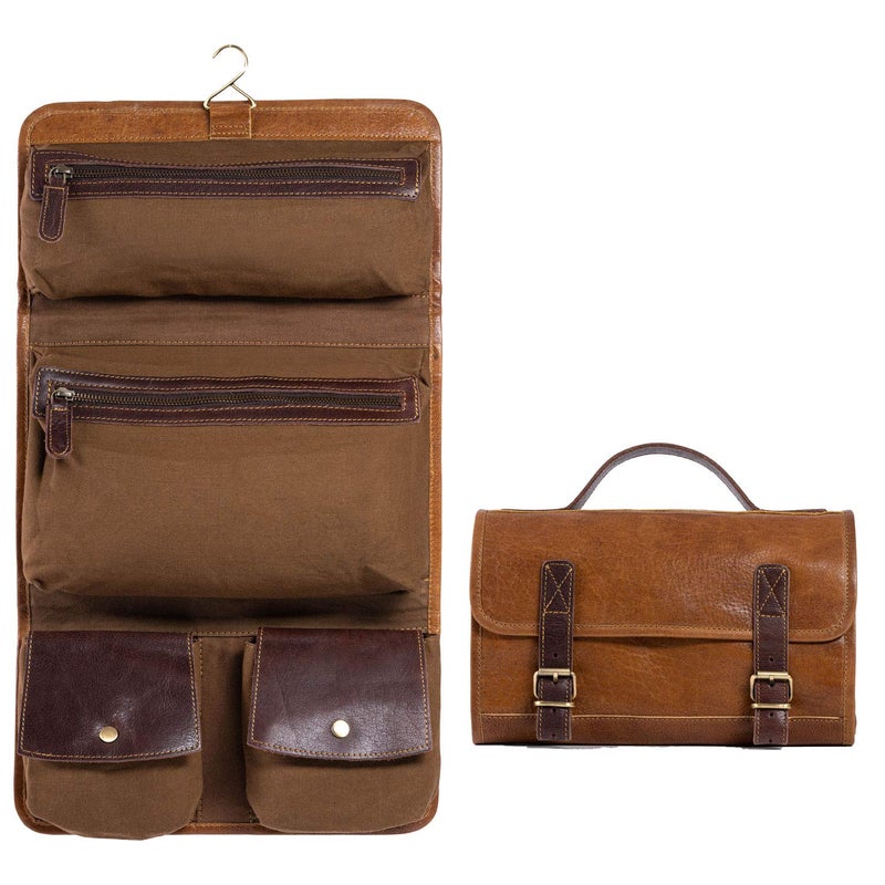 KomalC Premium Buffalo Leather Hanging Toiletry Bag Travel Dopp Kit (Yellow Tan) - Image 4