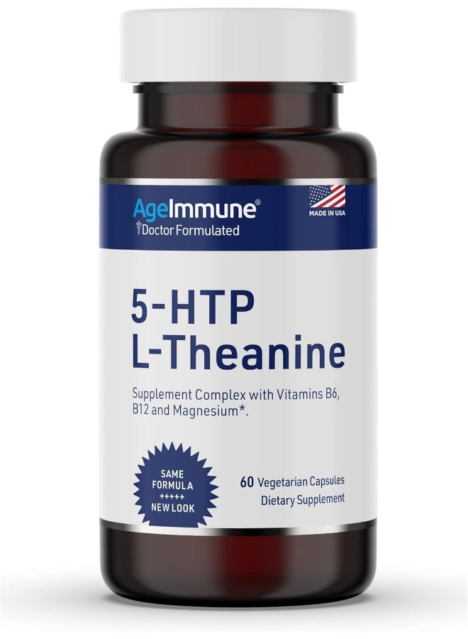 AgeImmune AgeImmune Anxiety Formula; Stress Relief Supplements Complex with L-Theanine, 5-HTP, Vitamins B6, B12 and Magnesium. Doctor Formulated, Magnesium Stearate Free. 60 Capsules. - Image 1