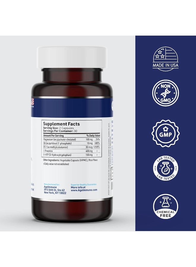 AgeImmune AgeImmune Anxiety Formula; Stress Relief Supplements Complex with L-Theanine, 5-HTP, Vitamins B6, B12 and Magnesium. Doctor Formulated, Magnesium Stearate Free. 60 Capsules. - Image 2