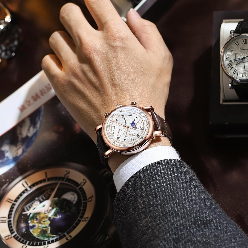 Excefore Men’s Multifunctional Leather Watch with Starry Sky Dial, Luminous Hands, Quartz Movement, Calendar Date Display, Water Resistant Stylish Wristwatch for Daily and Formal Wear - Image 2