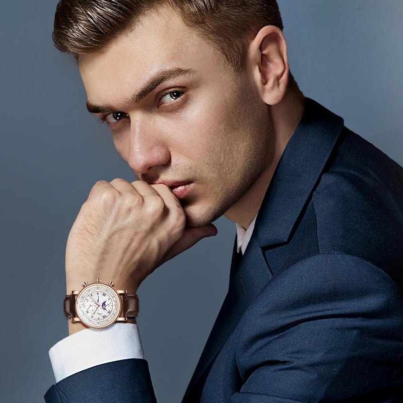 Excefore Men’s Multifunctional Leather Watch with Starry Sky Dial, Luminous Hands, Quartz Movement, Calendar Date Display, Water Resistant Stylish Wristwatch for Daily and Formal Wear - Image 4