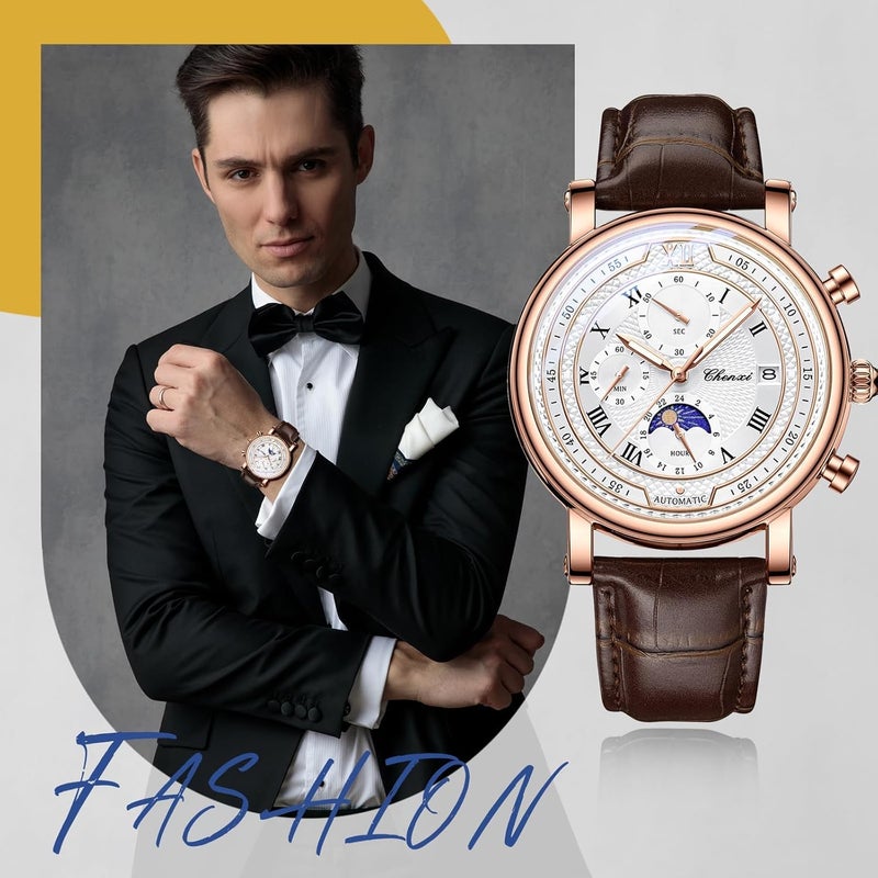 Excefore Men’s Multifunctional Leather Watch with Starry Sky Dial, Luminous Hands, Quartz Movement, Calendar Date Display, Water Resistant Stylish Wristwatch for Daily and Formal Wear - Image 5