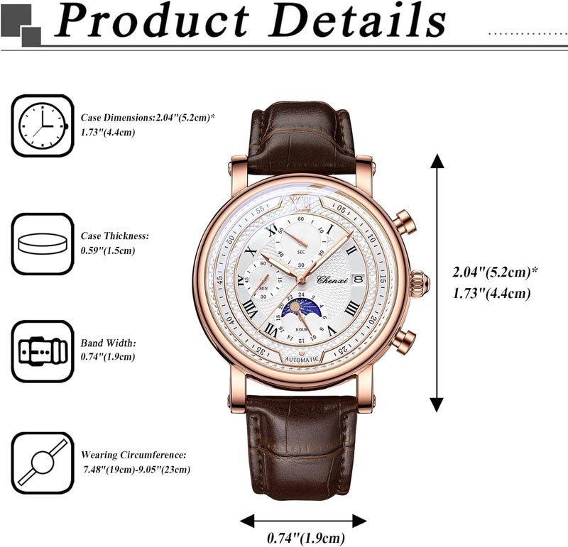 Excefore Men’s Multifunctional Leather Watch with Starry Sky Dial, Luminous Hands, Quartz Movement, Calendar Date Display, Water Resistant Stylish Wristwatch for Daily and Formal Wear - Image 3