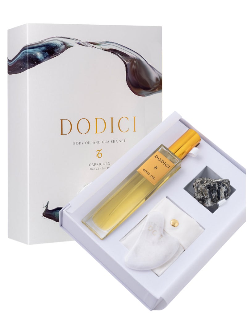 Dodici Gift Set Inspired by Your Zodiac Sign (Capricorn) Silky and luxurious body oil made from ecological oils | Perfect for a Birthday Gift | Organic Body Oil & Natural BLACK TOUMALINE Gift Set + Gua Sha - Image 1