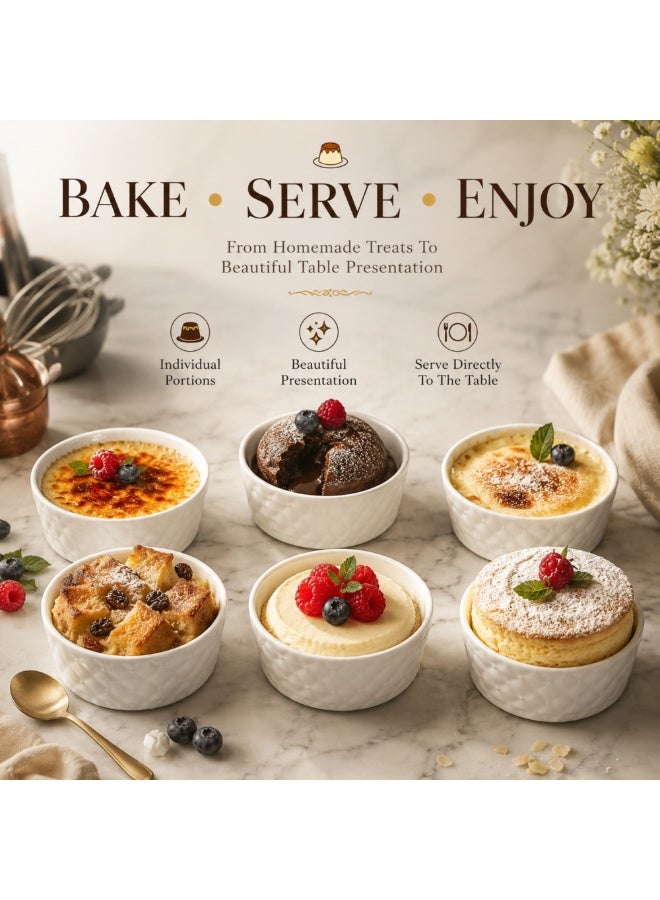 Ceramic Set of 6 White 180ml Oven Safe Souffle Dishes Creme Brulee Dessert Bowls Heat Resistant Baking Cups Small Serving Bowls for Dips Sauces Pudding Custard Snacks - Image 4