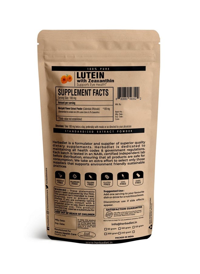 Herbadiet - Lutein Powder | 50 Gram | Marigold Extract Powder 20% Lutein With Zeaxanthin | Antioxidant, Eye & Vision Health - Image 1