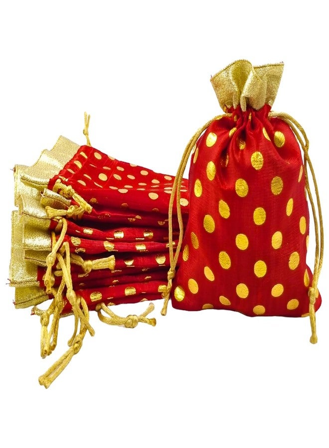 OREAYU Potli Drawstring Bag (Red Color - Polka Dot) With Golden Border for Return Gifts, Wedding, Baby Shower, Haldi Functions, Dry Fruit and Jewelry Packaging Size 11X14 cm | Pack of 10 - Image 1