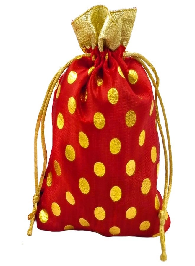 OREAYU Potli Drawstring Bag (Red Color - Polka Dot) With Golden Border for Return Gifts, Wedding, Baby Shower, Haldi Functions, Dry Fruit and Jewelry Packaging Size 11X14 cm | Pack of 10 - Image 3