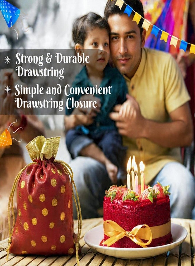 OREAYU Potli Drawstring Bag (Red Color - Polka Dot) With Golden Border for Return Gifts, Wedding, Baby Shower, Haldi Functions, Dry Fruit and Jewelry Packaging Size 11X14 cm | Pack of 10 - Image 4