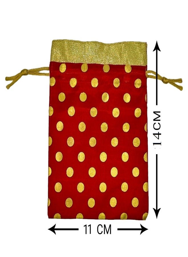 OREAYU Potli Drawstring Bag (Red Color - Polka Dot) With Golden Border for Return Gifts, Wedding, Baby Shower, Haldi Functions, Dry Fruit and Jewelry Packaging Size 11X14 cm | Pack of 10 - Image 2