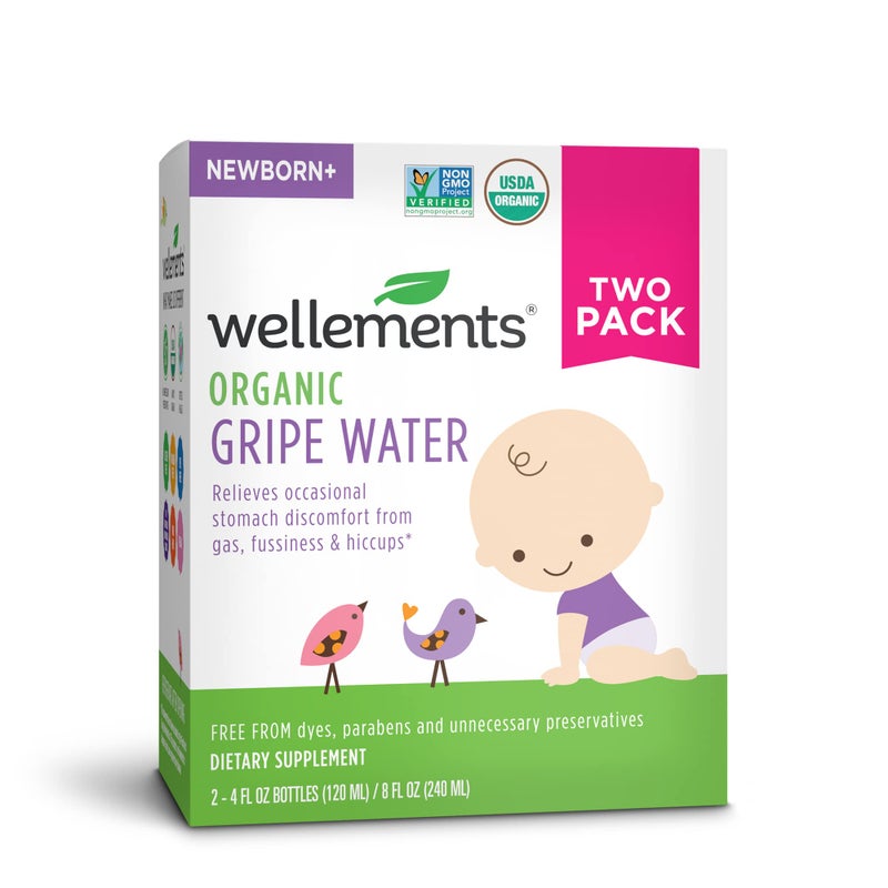 Wellements Gripe Water 4 Fl Oz (Pack of 2) Relieves Occasional Stomach Discomfort from Gas, Fussiness & Hiccups, USDA Certified Organic, Gluten Free & Non GMO, Ages Newborn+ - Image 1