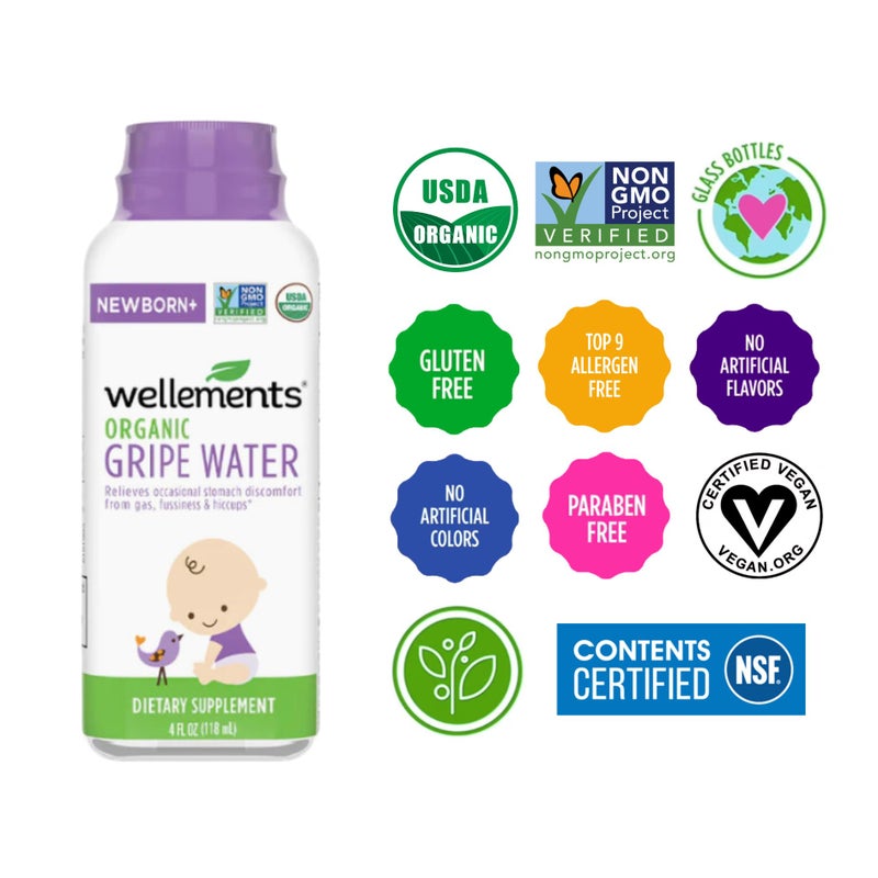 Wellements Gripe Water 4 Fl Oz (Pack of 2) Relieves Occasional Stomach Discomfort from Gas, Fussiness & Hiccups, USDA Certified Organic, Gluten Free & Non GMO, Ages Newborn+ - Image 5