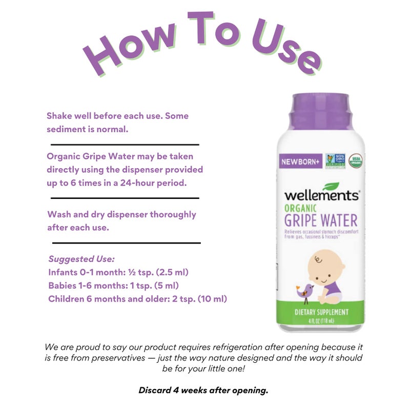 Wellements Gripe Water 4 Fl Oz (Pack of 2) Relieves Occasional Stomach Discomfort from Gas, Fussiness & Hiccups, USDA Certified Organic, Gluten Free & Non GMO, Ages Newborn+ - Image 4