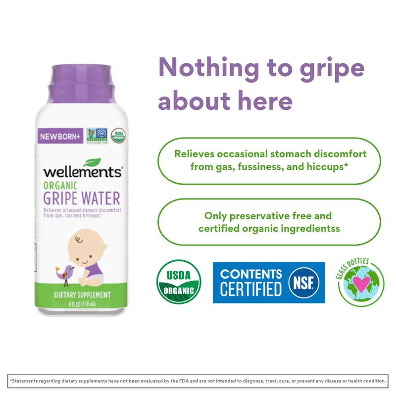 Wellements Gripe Water 4 Fl Oz (Pack of 2) Relieves Occasional Stomach Discomfort from Gas, Fussiness & Hiccups, USDA Certified Organic, Gluten Free & Non GMO, Ages Newborn+ - Image 2