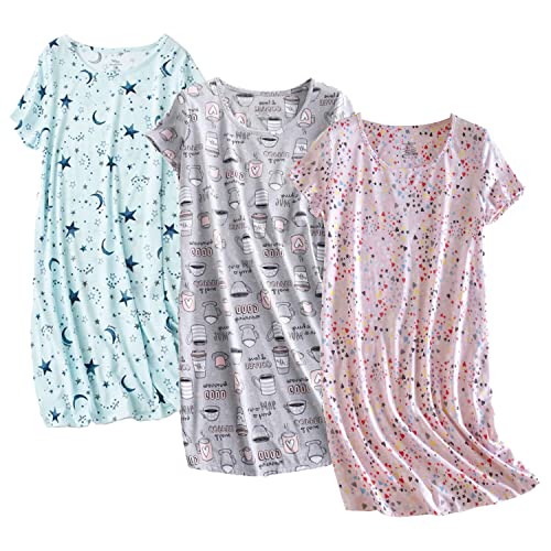 PNAEONG 3 Pack Women's Cotton Nightgown Sleepwear Short Sleeves Shirt Casual Print Sleepdress SY003-Pink+Star+Coffee-L - Image 1