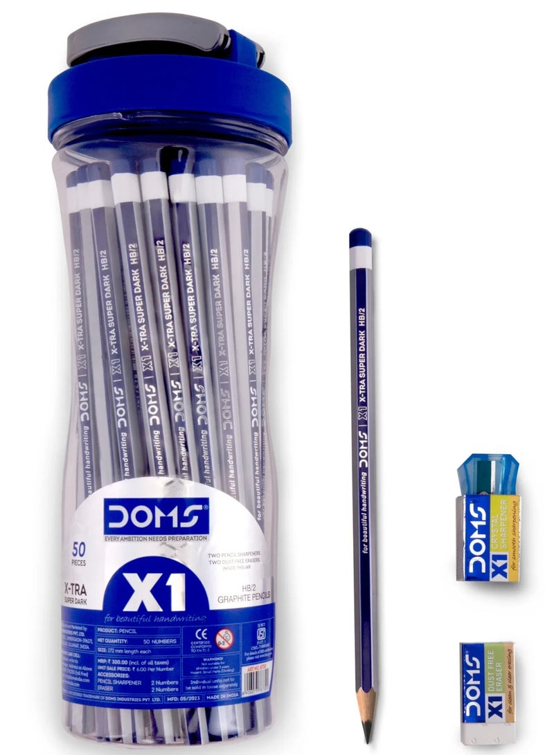 DOMS X1 Super Dark HB Pencils – Pack of 30 Pencils with 3 Sharpeners, 3 Erasers & 15cm Scale – School, Office & Drawing - Image 4