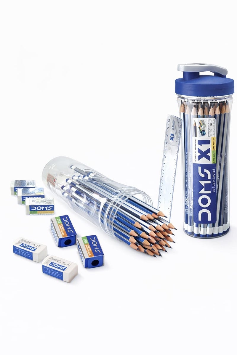 DOMS X1 Super Dark HB Pencils – Pack of 30 Pencils with 3 Sharpeners, 3 Erasers & 15cm Scale – School, Office & Drawing - Image 3