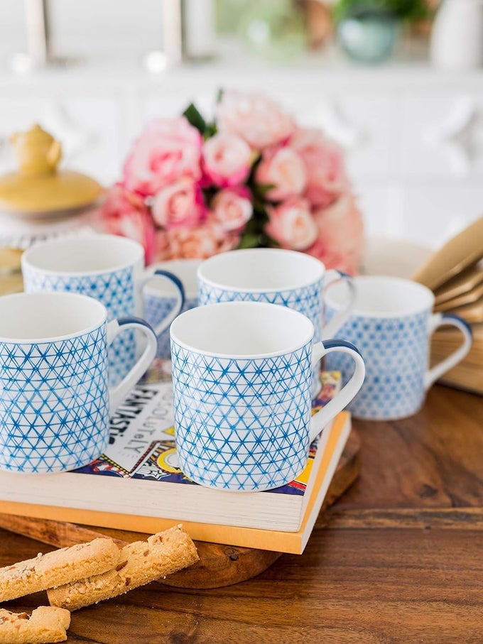 BONE CHINA TEA CUPSCOFFEE MUGS WITH INDIGO PRINT SET OF 6 MUGS MADE IN INDIA