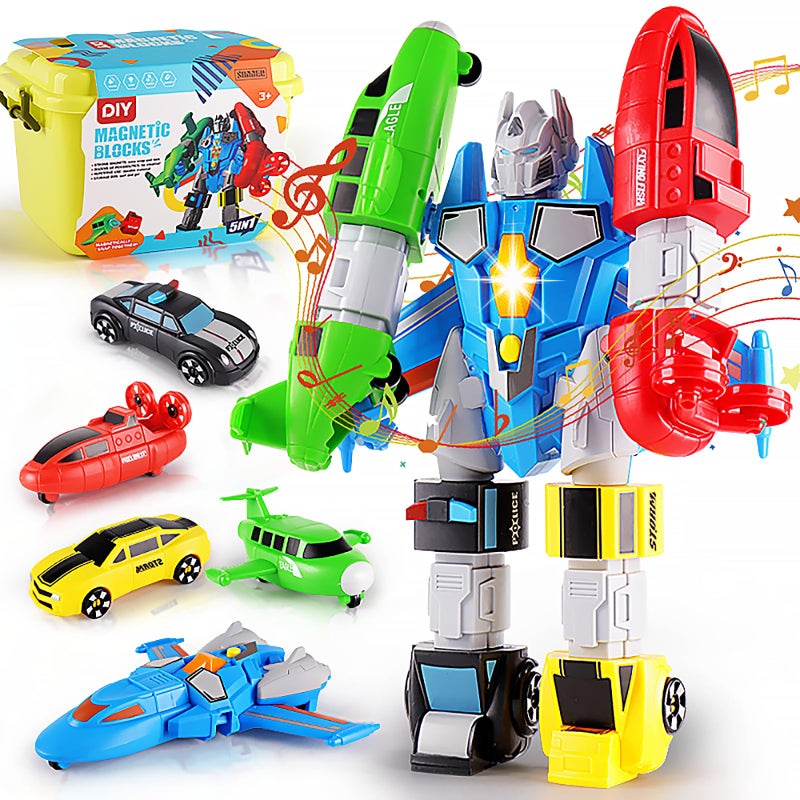 SOMMER 5in1 Magnetic Vehicles Toy Playset Mix and Match STEM Stacking Assembling Car Kit with Storage Box Transform into Robot Birthday Gift for Toddler Kids 3 4 5 6 7 Year Old Boys Girls - Image 2