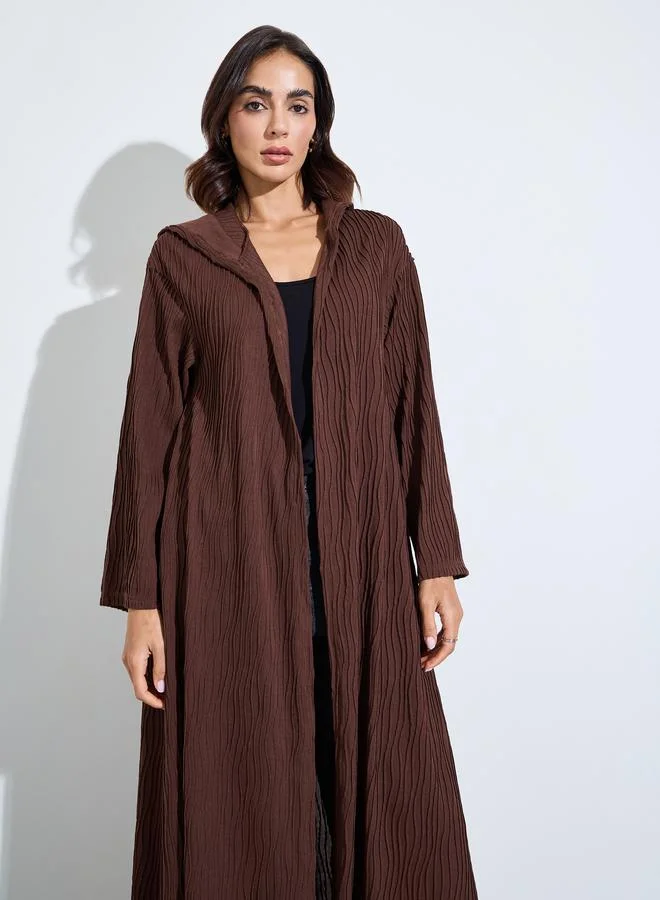 أميرة Brown Hooded Textured Open Front Abaya