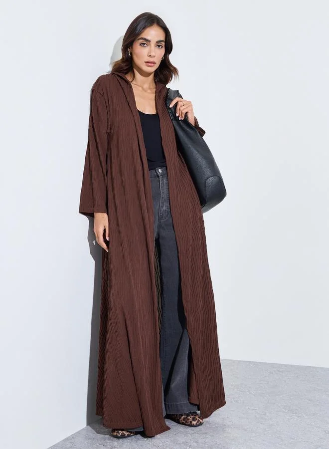 أميرة Brown Hooded Textured Open Front Abaya