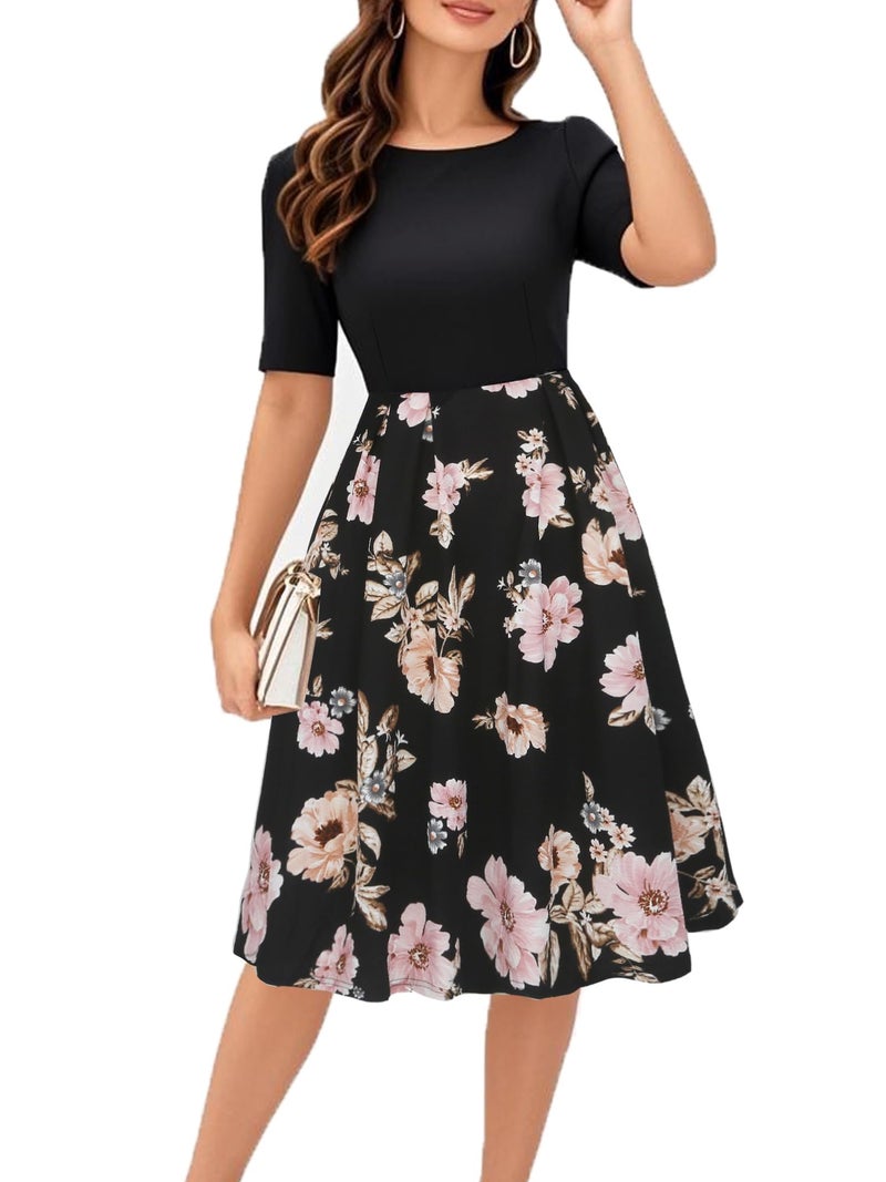 oxiuly Balck Patchwork Pink Floral Novelty Dresses for Women 2025 Business Casual Office Work Professinal Classy Half Sleeve Pleates College Graduation Anniversary Vintage Dress OX165 BK Pink F S - Image 1