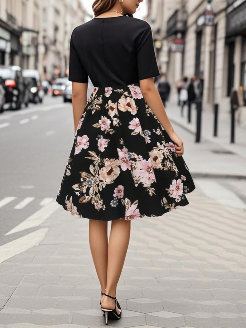 oxiuly Balck Patchwork Pink Floral Novelty Dresses for Women 2025 Business Casual Office Work Professinal Classy Half Sleeve Pleates College Graduation Anniversary Vintage Dress OX165 BK Pink F S - Image 4