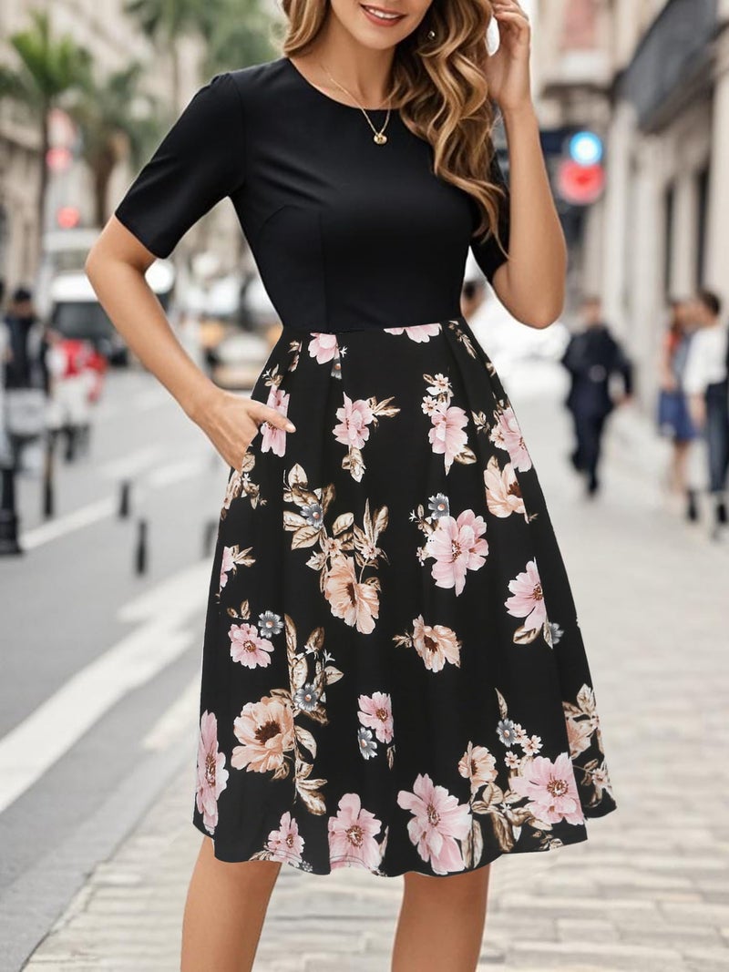 oxiuly Balck Patchwork Pink Floral Novelty Dresses for Women 2025 Business Casual Office Work Professinal Classy Half Sleeve Pleates College Graduation Anniversary Vintage Dress OX165 BK Pink F S - Image 2