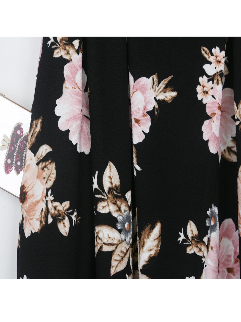 oxiuly Balck Patchwork Pink Floral Novelty Dresses for Women 2025 Business Casual Office Work Professinal Classy Half Sleeve Pleates College Graduation Anniversary Vintage Dress OX165 BK Pink F S - Image 5