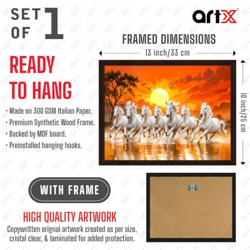 ArtX إطار فن الجدران ArtX ورق 7 خيول فاستو، خيول بيضاء تجري على الماء، ديكور شمس مشرقة، متعدد الألوان، طبيعة، 13.0 × 10.0 بوصة، مجموعة من 1 - Image 2