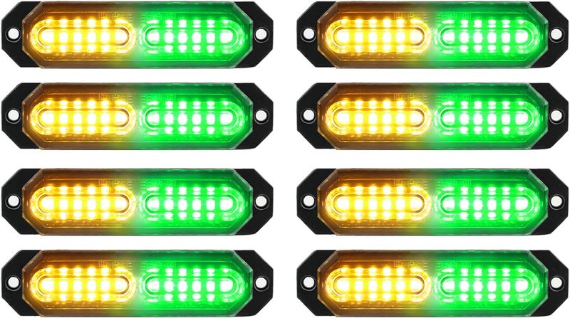ASPL 8pcs Sync Feature Ultra Slim 12-LED Surface Mount Flashing Strobe Lights for Truck Car Vehicle LED Mini Grille Light Head Emergency Beacon Hazard Warning Lights (Amber/Green) - Image 1