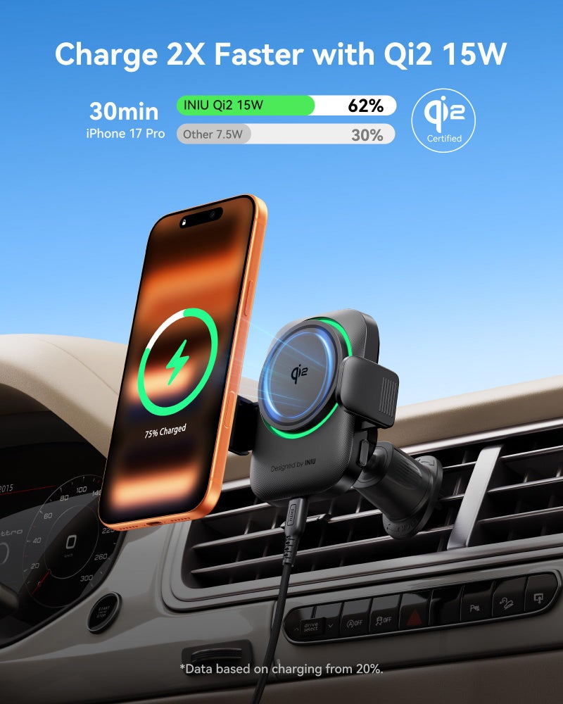 INIU Car Phone Holder for Magsafe, Qi2 Certified Wireless Car Charger for Mount Dashã€360Â°ã€‘ Phone Mount Auto Clamping Car Accessories Compatible with iPhone 17 16 15 14 13 Xs Samsung S23 etc - Image 2