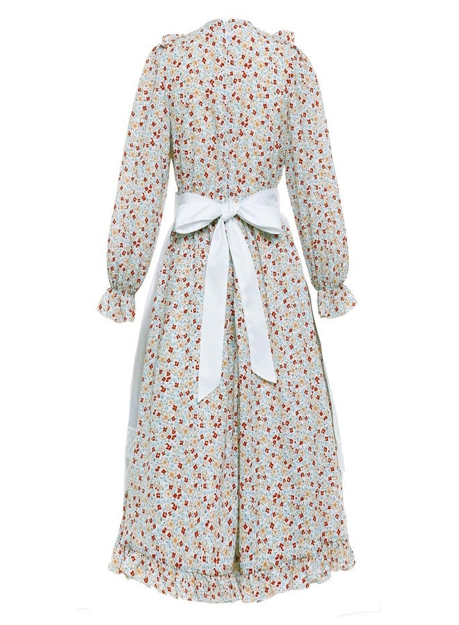 Vibsion Girls Pioneer Prairie Costume Pilgrim Dress Kids Floral Colonial Village Girl Costumes Bonnet Apron Set 3Pcs XL - Image 3