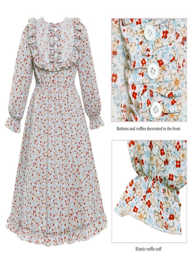 Vibsion Girls Pioneer Prairie Costume Pilgrim Dress Kids Floral Colonial Village Girl Costumes Bonnet Apron Set 3Pcs XL - Image 4