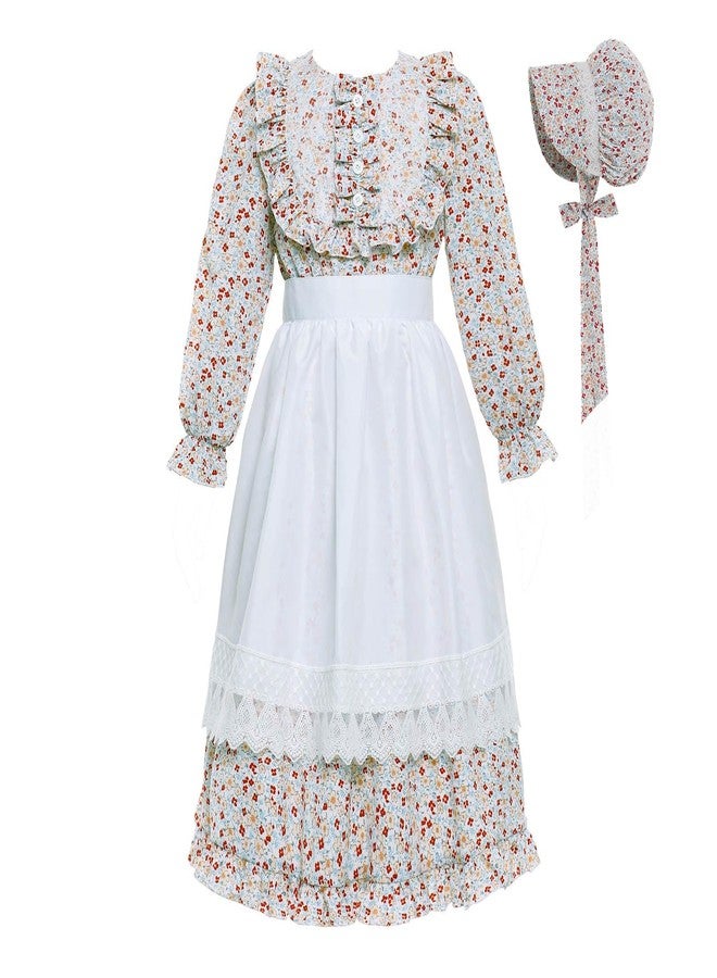 Vibsion Girls Pioneer Prairie Costume Pilgrim Dress Kids Floral Colonial Village Girl Costumes Bonnet Apron Set 3Pcs XL - Image 1