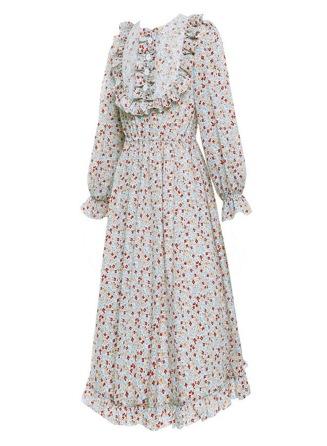 Vibsion Girls Pioneer Prairie Costume Pilgrim Dress Kids Floral Colonial Village Girl Costumes Bonnet Apron Set 3Pcs XL - Image 5