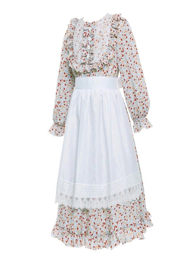 Vibsion Girls Pioneer Prairie Costume Pilgrim Dress Kids Floral Colonial Village Girl Costumes Bonnet Apron Set 3Pcs XL - Image 2