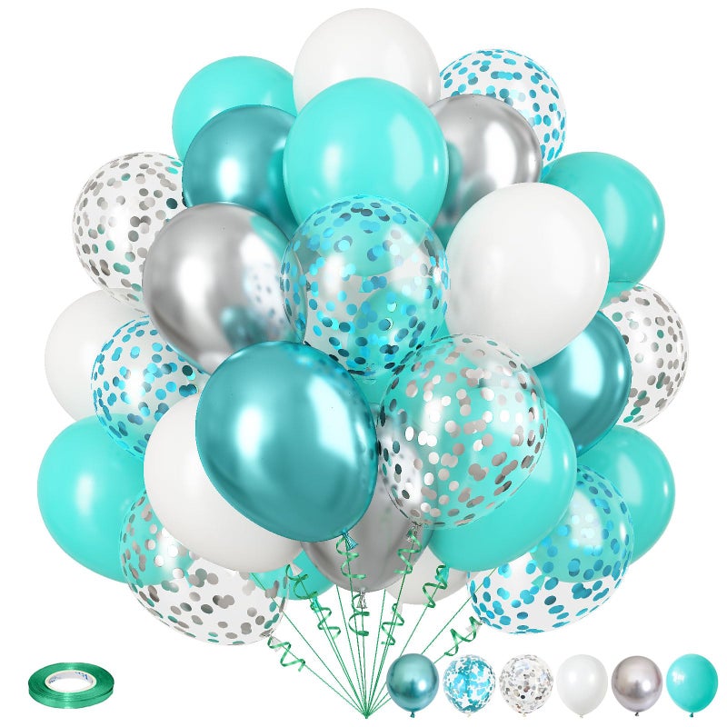 Isndare Teal Blue Silver Balloons 35Pcs Turquoise Light Blue Mint Green Silver White Confetti Latex Balloons Set Aqua Blue White Silver for Boys Christening Birthday Baby Shower Wedding Party Decorations - Image 2