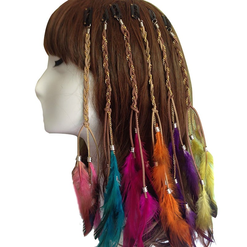 Fodattm 6PCS Women Lady Handmade Boho Hippie Hair Extensions with Feather Clip Comb DIY Accessories Hairpin Headdress