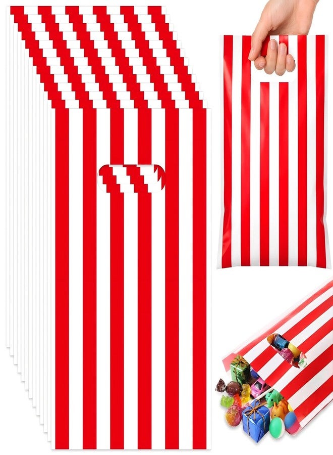 GliCraft 100 Pcs Red and White Striped Gift Bags with Handle 9.84''x 6.5'' Plastic Treat Bags Wedding Party Favors for Gifts Wrapping Supplies Decoration - Image 1