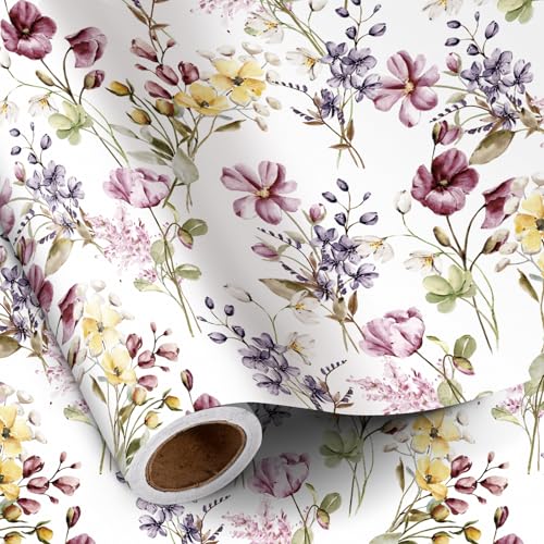 RUSPEPA Floral Wrapping Paper Roll Women Girls Mini Roll Watercolor Wild Flower with Delicate Leaf Gift Wrap Paper for Wedding Birthday Mothers Day Spring Bridal Shower 17 Inch X 164 Feet - Image 1