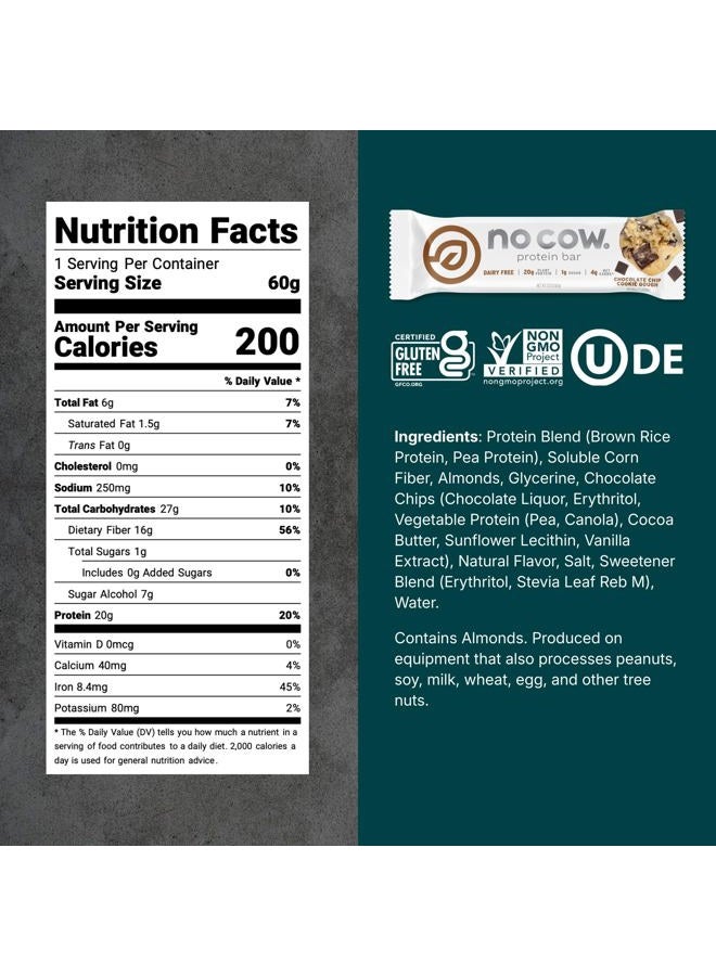 No Cow High Protein Bars, Chocolate Chip Cookie Dough - Healthy Snacks, 20g Vegan Protein, High Fiber, Low Sugar, Keto Friendly, Dairy & Gluten Free (12 Count) - Image 3