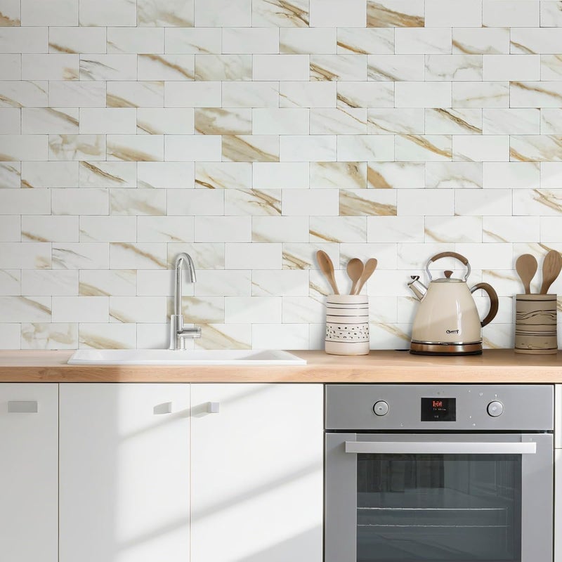 AULIGET 3" x 6" Subway Tile Peel and Stick Backsplash, Thick PVC Stick on Wall Tiles (100, Calacatta Gold) - Image 2