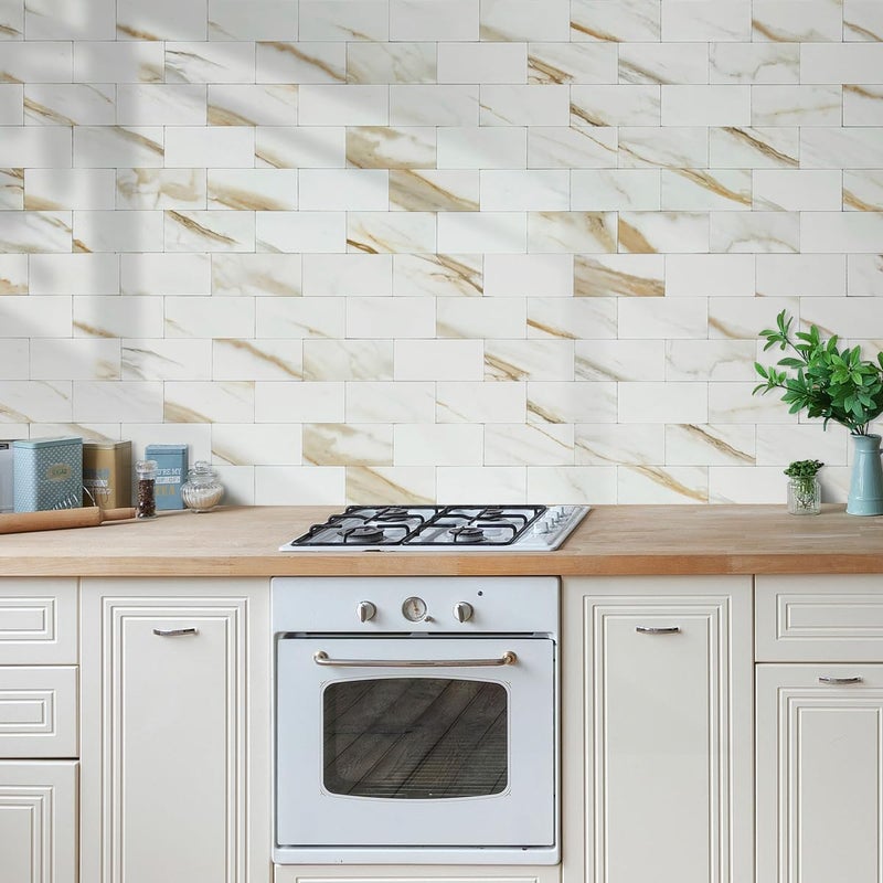 AULIGET 3" x 6" Subway Tile Peel and Stick Backsplash, Thick PVC Stick on Wall Tiles (100, Calacatta Gold) - Image 5