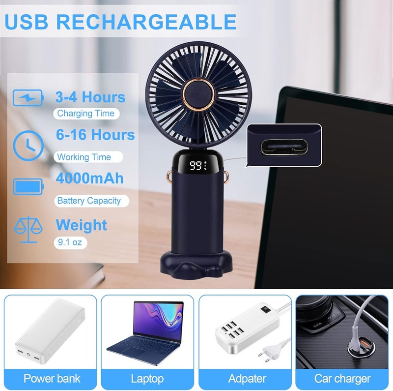 ALKAYAN Mini portable handheld fan with USB charging, 4000mAh capacity, digital display, pocket-sized, 5-speed, foldable design with cord and base for home, travel, and outdoor use, 5.0W, blue - Image 4
