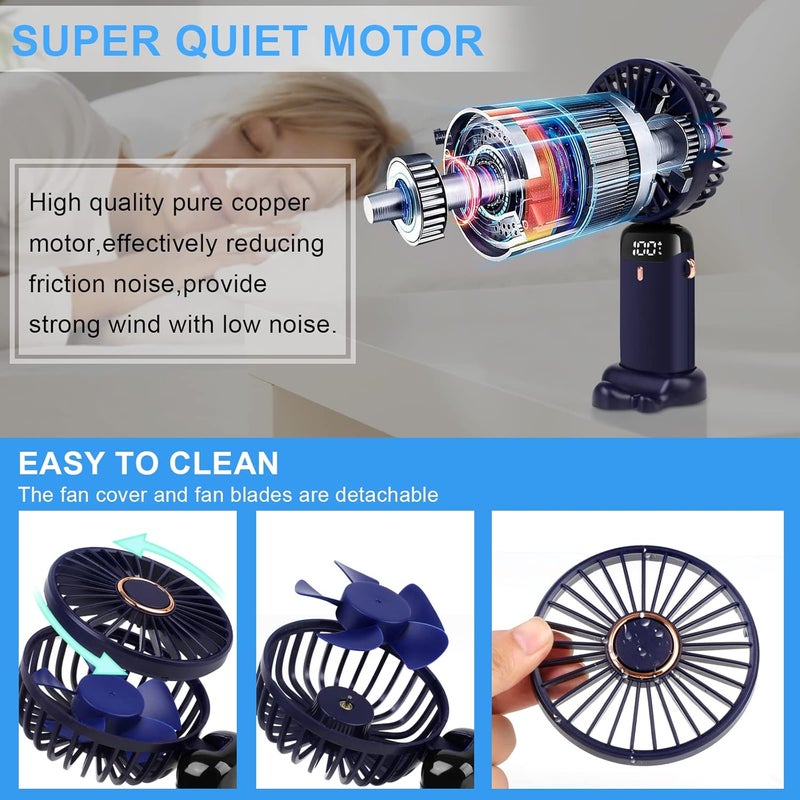 ALKAYAN Mini portable handheld fan with USB charging, 4000mAh capacity, digital display, pocket-sized, 5-speed, foldable design with cord and base for home, travel, and outdoor use, 5.0W, blue - Image 5