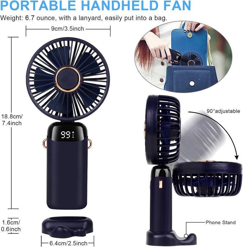 ALKAYAN Mini portable handheld fan with USB charging, 4000mAh capacity, digital display, pocket-sized, 5-speed, foldable design with cord and base for home, travel, and outdoor use, 5.0W, blue - Image 2