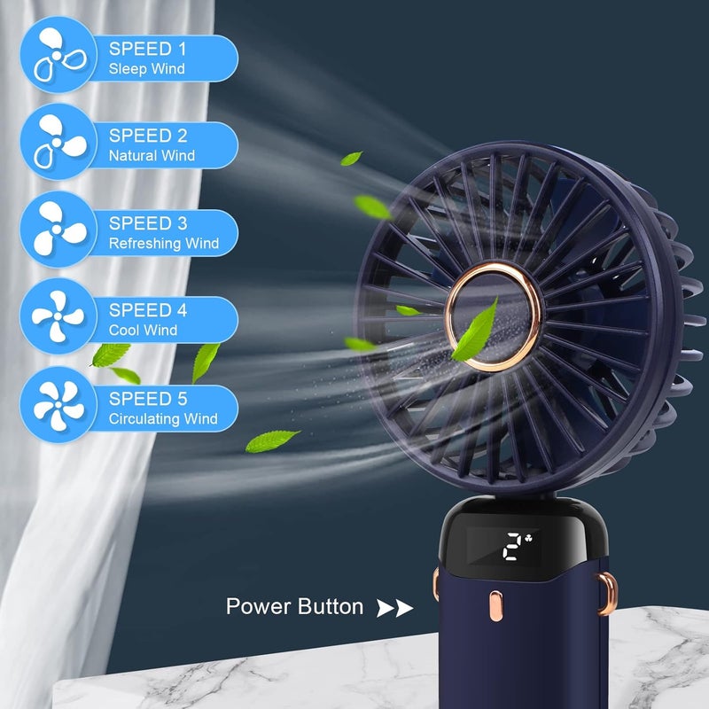 ALKAYAN Mini portable handheld fan with USB charging, 4000mAh capacity, digital display, pocket-sized, 5-speed, foldable design with cord and base for home, travel, and outdoor use, 5.0W, blue - Image 3