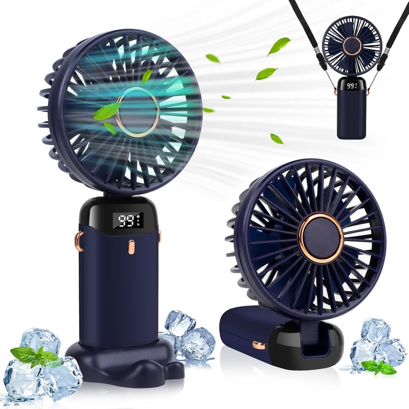 ALKAYAN Mini portable handheld fan with USB charging, 4000mAh capacity, digital display, pocket-sized, 5-speed, foldable design with cord and base for home, travel, and outdoor use, 5.0W, blue - Image 1