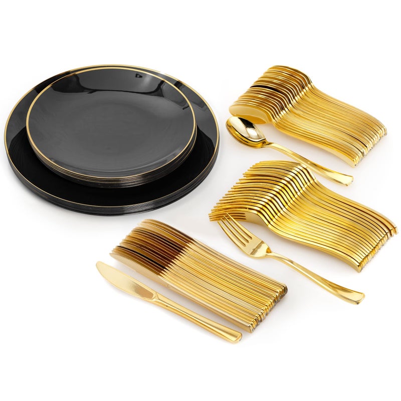 Trendables 200 CT Disposable Plate Set with Cutlery  Black  For 40 People  Silverware Set Includes Plates Forks Spoons Knives
